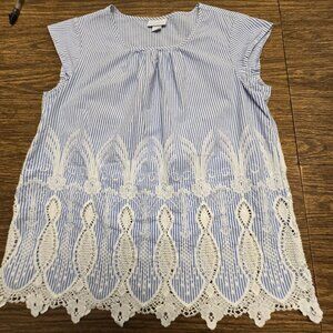 LIZ CLAIBORNE Women's 100% Cotton Cap Sleeves Lace Edge Stripe Blouse - Medium